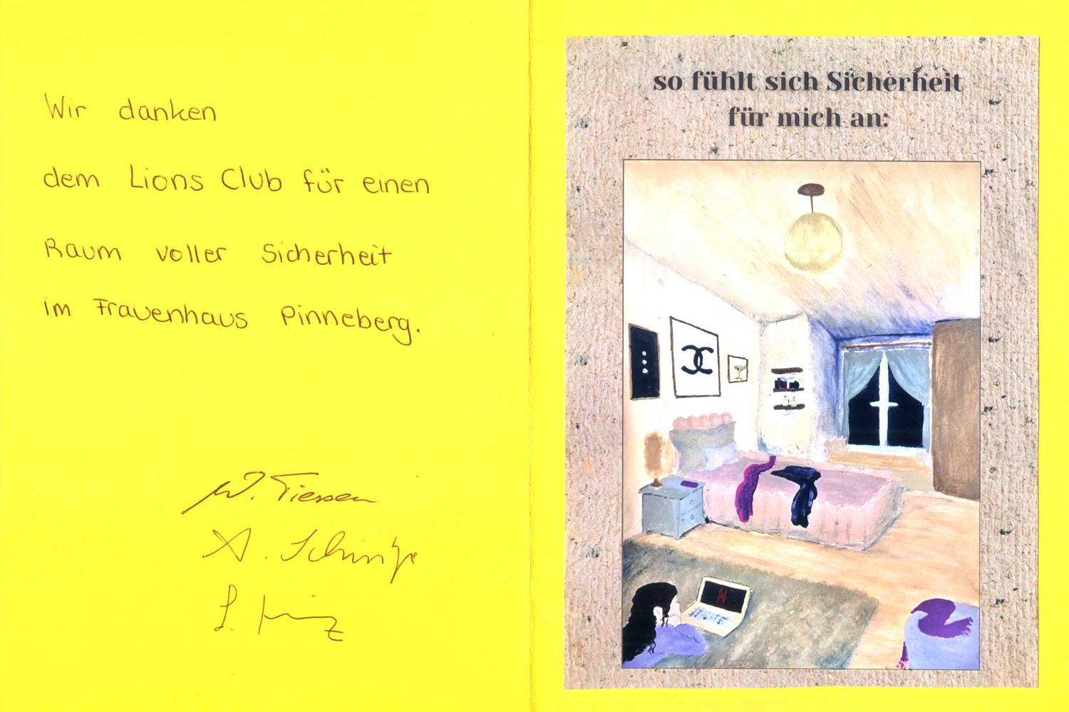 Dankeskarte des Frauenhauses mit dem Text: Wir danken dem Lions Club für einen Raum voller Sicherheit im Frauenhaus Pinneberg.